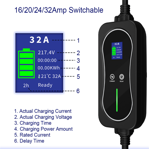 Mode 2 EV Charger Type 2 7kw 16A 20A 24A 32A IP67 Time Delay